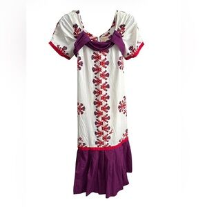 Embroidered White Maxi Dress with Red Motifs & Purple Hem